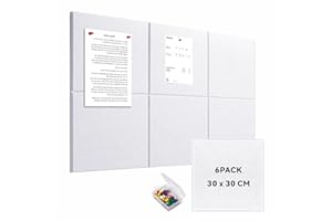 BRAVOFORGE Large Felt Bulletin Board, 6 Pack 30 x 30 cm White Pin Notice Board with 30 Pushpins and 36 Safe Removable Adhesive Tabs, Cork Boards Alternative, Felt Wall Tiles for Wall, Home, Office（White）