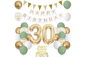 IWHEAT 30th Birthday Decoration Sage Green, Green Gold Balloon Decoration 30th Birthday with Number 30 Foil Balloon, Happy Birthday Banner, Cake Decoration for 30th Happy Birthday Decoration Woman Man