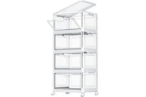 TidyTrove Storage Boxes with Lid - 23L*4 Plastic Storage Box with Front Door, 4 Tier Stackable Boxes, Plastic Drawers, Large Storage Box with Lid for Kitchen Storage & Organisation