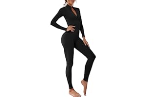 Adisputent Combinaison de Sport Femme Manches Longues Sexy Moulante Vetement de Yoga Jumpsuit Barboteuse Fermeture Éclair Onesie Tout en Un en Côtelée