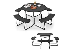 KOMFOTTEU Ensemble de Table de Pique-Nique pour 8 Personnes, 4 Sièges, Table d’Extérieur Ronde avec Trou pour Parasol, Meuble de Jardin en HDPE & Métal avec 4 Bancs,φ190 x 76 cm (H) (Noir)