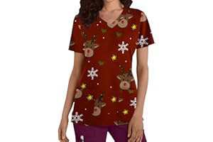 GRACEYO Damen Weihnachten Motiv Bunt Pflege Kasack Kurzarm V-Neck Krankenhaus Schlupfhemd Berufsbekleidung Atmungsaktiv Krankenpfleger Kasack Pflege Bluse Arzt Uniform Krankenschwester Kleidung Mit Taschen