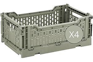 Box and beyond - Lot de 4 Caisses de Rangement pliables - 27 x 17 x 10,5 cm - Plastique Vert - Pliables - Avec Poignées - Rangement - Cuisine, Bureau, Chambre, Salon - Style Simple et Pratique