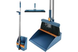 BUTORY Set di 3 scope e paletta con manico lungo allungabile, raschietto verticale e paletta combo per la pulizia del pavimento (blu)