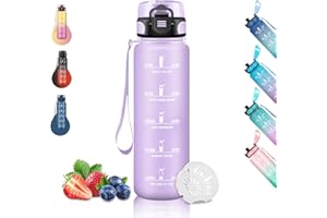 GRSTA Borraccia 1 Litro, Borraccia Motivazionale Senza Perdite, Borraccie Graduata, con Scala Temporale, Borraccie per Bere di Piu, Facile da Pulire, Borracce per Sport, Campeggio, Trekking, Yoga, Viola