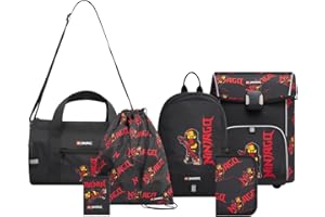 SKANDO BAGS Lego Ninjago Tornister szkolny zestaw dla chłopców i dziewczynek od 1. klasy - 6-częściowy - plecak szkolny, piórnik (wypełniony), worek gimnastyczny, mały plecak, portfel i torba sportowa