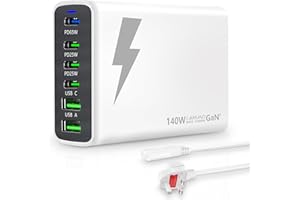 USB C Charger,LAMJAD 140W Multi USB Charger,6-Port GaN PD Travel USB Charging Station,4 USB-C+2 USB-A Portable Fast Charger Plug Compatible with MacBook Pro/hp Laptop/iPhone15/14/13/iPad/Huawei(white)