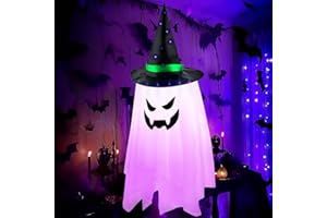 WISHSTAR Fantasmas Colgantes de Halloween Con Luz LED - Morado, Mangas De Viento, Bandera - Decoración para Patio y Jardín
