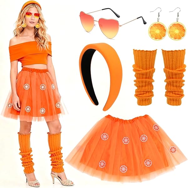Aperol Kostüm Damen 7 Stück Aperol Apritz Costume Accessoires Tüllrock Orange Damen Karneval Kostüme mit Enthält Haarreif Orange Ohrringe Halskette Herz Sonnenbrille Beinwärmer Netzhandschuhe