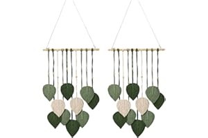 BONJUME Decoración De Pared, 2PCS Tapiz Hecho A Mano Decoración Bohemia Colgante De Pared Tejido Decoración De Pared De Plumas De Hojas Con Cuentas De Madera Y 10 Hojas Verdes Tapiz Para Salón Dormitorio