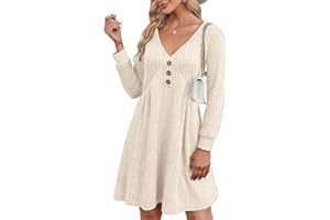 GRMLRPT Robe Femme Décontracté Robes Manches Longues Pull A-Line à Col V Tissu du Côtelé Pullover Chaud Casual Automne Hiver pour Bureau(Multicolore,S-XXL)