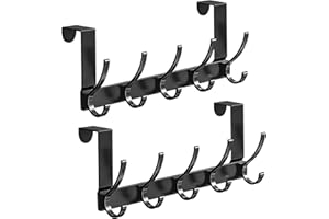 Meff-Mluk 2 Pack Over Door Hanger, Over The Door Hooks, Heavy Duty Stainless Steel Door Hanger Hooks with Rust Resistant Finish, 5 Hooks for Coats, Hats, Bags, Clothes, Towels (Black)