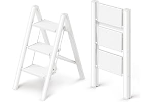 GameGem 3 Stufen Leiter, klappbarer Tritthocker mit breitem Anti-Rutsch-Pedal, leichtes und dennoch stabiles Aluminiummaterial, 150 kg Tragkraft, hübsches, modernes Aussehen für den Innenbereich