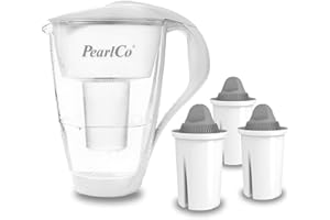 ‎PEARLCO GLAS-Wasserfilter PearlCo (weiß) mit 3 Protect+ classic Filterkartuschen (f. hartes Wasser) - Made in EU