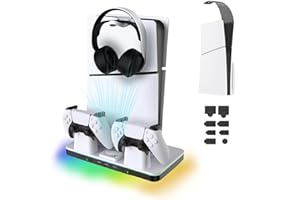 GODT GAME Essential Kit Set Cooling Station for PlayStation PS5 Slim Consoles (Disc/Digital Edition), 3x USB HUB, Dual Controller Charger, Headset Hanger, Cooling Fan, Mesh Dust Net with Port Covers