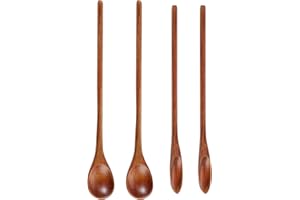 TEAAHA Lot de 4 cuillères en bois pour manger, cuillères en bois de 19,8 cm pour la cuisine, le mélange, les mélanges, les cuillères en bois à long manche, cuillère à miel en bois avec belle texture de bois