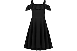 Arshiner Girls Summer Dress Off Shoulder Children's Dress Ruffle Sleeves Elegant Strap Dress Children A Line Swing Dress High Low Dress Casual Dresses with Pocket 4-13Years