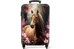 NoBoringSuitcases.com® Kinderkoffer Mädchen Reisekoffer mit Rollen Handgepäck Koffer Pferd - Rosa Blumen - Natur - Wald - 55x35x20cm