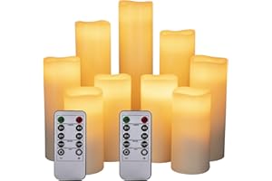 ‎HANZIM Hanzim LED Kerzen Set von 9 Flammenlose Kerzen Batteriebetriebene Kerzen D2.2xH 4 "5" 6 "7" 8 "9" Echtwachssäule Kerzen Flackern mit Fernbedienung und Timer-Steuerung, Elfenbein Farbe（9x1）