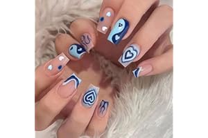 CEBOIC Fałszywe paznokcie sąd francuski kształt trumny niebieski płomień prasa na paznokcie naklejki naklejki akrylowe kij na paznokcie sztuczne dla kobiet i dziewcząt