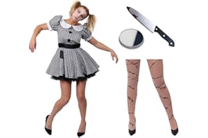 I LOVE FANCY DRESS ADULT LADIES CREEPY DOLL COSTUME WITH TIGHTS, BLOODY KNIFE AND FACEPAINT
