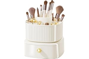 GGTTNRT Makeup Organiser with Drawers, 360° Rotating Makeup Brush Holder, Skincare Organiser for Vanity, Ideal Desk Organizer for Dresser, Bathroom, Bedroom (White)