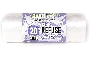 EcoBag - 20 Pack Refuse Sacks - 100L - 22 Microns - Heavy Duty, Leak Resistant Recyclable Bin Bags, Eco-Friendly, Durable Waste Disposal Bags for Household & Commercial Use (736 x 965mm)