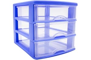 CABLEPELADO Torre de almacenamiento con 3 cajones sobremesa, Organizador de escritorio, Caja de almacenamiento de escritorio,18 cm alto x 17.7 cm ancho x 21.5 cm fondo, Azul y cajones transparentes