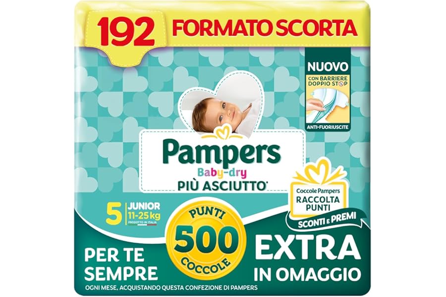 Pampers Baby Dry Junior, Size 5 (11-25 kg), Stock Size, Anti-Leak Barriers, Drier Up to 12 hours, Reinforced and Wraparound Tabs, 192 Baby Nappies + 500 Free Points