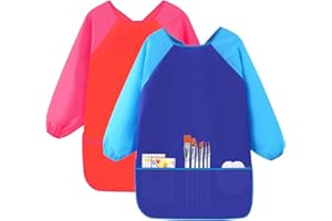 Jinlaili 2 Piezas Niños Artista Delantales, Delantal Infantil Pintura para 3-8 Años Niño/Niña, Blusón Delantal Babero de Mangas Larga y 3 Bolsillos, Delantal para Pintar para Artes Pintura Cocina