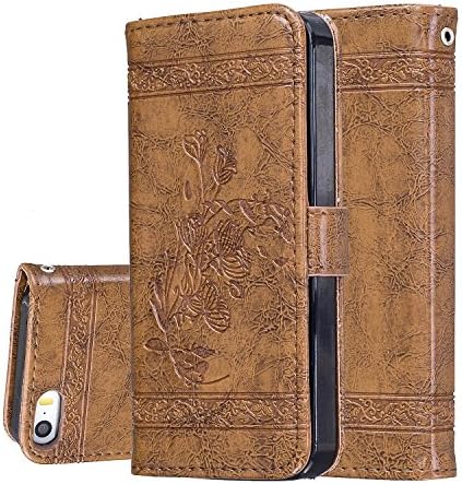 iPhone 5C Wallet Case,iPhone 5C Leather Case,Cozy Hut iPhone 5C Phone Case Elegant Rose Design Luxe Mode Premium Vintage Genuine Ultra Slim Mince Pure Leather PU Wallet Stand Function Leather Case Smartphone Slim Bookstyle with Magnetic Closure Card Slot Holder and Lanyard Strap Carrying Protective Case for iPhone 5C - brun