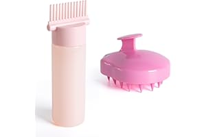 MEGAVOW Flacons Applicateurs, Peigne Applicateur Huile Cheveux avec Brosse Masseur Cuir Chevelu, Flacon Applicateur de Coloration avec Échelle Graduée, Outils de Soins Capillaires, Rose, 180ml