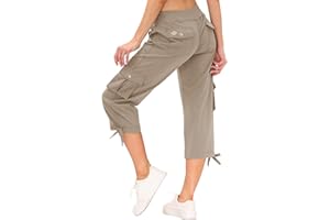 MoFiz Women's Relaxed-Fit Capri Pants 3/4 Length Cropped Trousers Hiking Joggers Workout Lounge Pants with Cargo Pockets