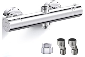 AIMOYO Thermostatic Shower Mixer Bar Two Outlet, Chrome Thermostatic Shower Valve Round, with Top Outlet 3/4" G and Bottom Outlet 1/2" G, Wall-Mounted