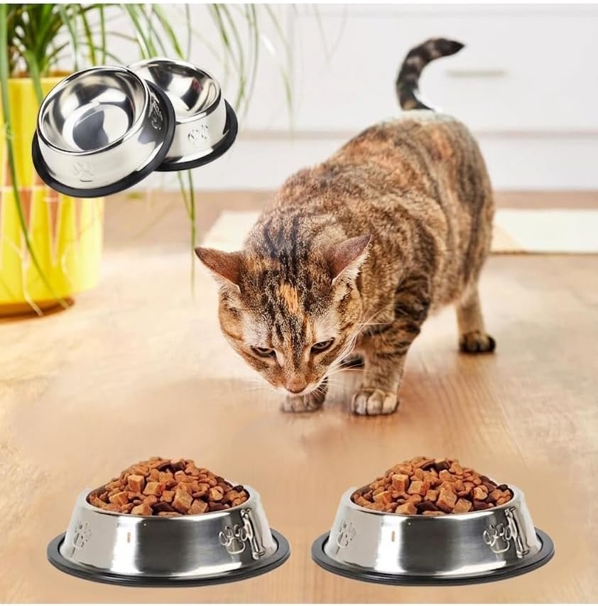 DUFFA Paslanmaz Çelik Kedi Mama Ve Su Kabı, Köpek Çelik Mama Kabı, Kaymaz Lastikli Taban, Dayanıklı Besleme Tası, Kolay Temizlenebilir, 8 oz/250 ml (2 Adet) (2 Adet 16 Cm)