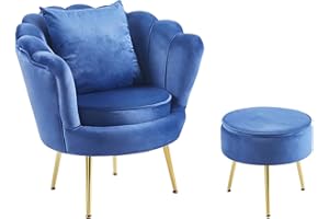 IL GRUPPONE PASSIONE CASA Poltrona Camera da Letto e Salotto in Velluto con Poggiapiedi Contenitore Poltroncina Conchiglia con Gambe in Metallo Placcato Oro Design Moderno,Seduta Morbida con Cuscino - Blu