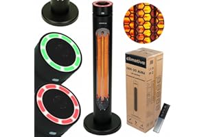 ‎CLIMATIVE Climative Promiennik Podczerwieni Tarasowy AURA 2000W – stojąca nagrzewnica podczerwieni z 8 poziomami mocy, oscylacją 65°, żarnikiem węglowym, IP45, do użytku zewnętrznego i wewnętrznego, czarny