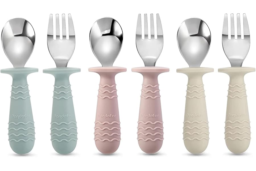 PandaEar 6 Pieces Baby Toddler Silicone Stainless Steel Utensils Silverware Spoon Fork for Baby Toddler BPA Free with Silicone Holding Anti-Choke Design (Blue Pink White)