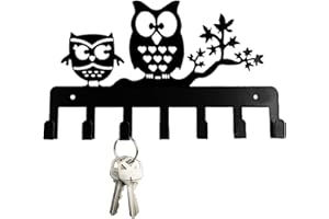 Zasjon Colgador de llaves Pared Cuelga en Metal, Guardallaves Cuelga Búho Decorativo Negro Perchero de llaves, Ganchos de Metal 9 Ganchos para Cocina, Puerta de Casa (Hoja)