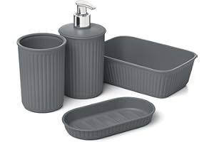 Tatay Set de 4pcs Sobremesa de Baño (Vaso + Dosificador + Jabonera + Organizador A6) Baobab, de Plástico, Libre de BPA, Gris Antracita, 6391114