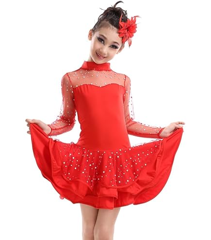 OTMYIGO Vestito da Ballo Latino per Ragazze per Abbigliamento da Spettacolo Abbigliamento da Competizione Professionale Body Diviso Gonne Abiti da Competizione,Rosso, 140