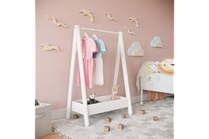 URBNLIVING Kids Wooden Hanging Dress Up Clothes Rail Rack Display Stand Extra Storage Shelf (White)
