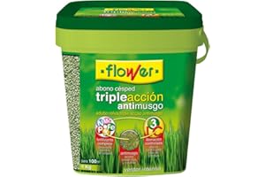 Flower - Abono Césped Triple Acción 4kg | Fertilizante Complejo Anti-Musgo | Efecto Prolongado Más de 3 Meses | Para 100m2, No Aplica Color, 20x20x20.7 cm, Material Abono
