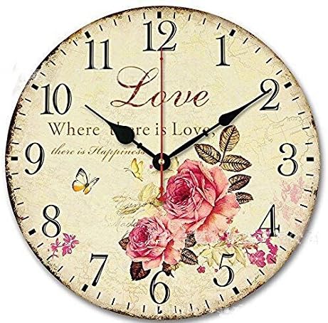 Jinberry 14" (34cm) Vintage Silent Sweep Round Wooden Wall Clock / Shabby Chic Antique Rustic French Country Clock, No Tick Retro Style 14 Inch Clock