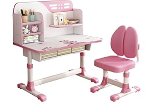 Reheyre Children Study Desk and Chair Set, Pink Desk Set with Adjustable Height, Drawers and Storage, Cartoon Pattern Childs Learning Tables and Chairs for Kids, Girls (Double Back Pink)