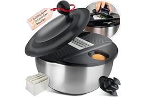 KÜCHENOASE Salatschleuder Edelstahl mit Schneidefunktion [5 Verschiedene Aufsätze] Eigelbtrenner, Salatschüssel, Edelstahlschüssel mit 5L Volumen, Spülmaschinenfest zum Kochen Backen und Schneiden