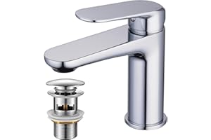 Bathroom Taps, NEWRAIN Basin Mixer Tap with Pop Up Sink Plug, Solid Brass Modern Single Lever Chrome Bathroom Faucet