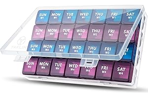 Yaklim Miesięczny organizer na tabletki: duży miesięczny organizer na tabletki 4-tygodniowy dzienny pojemnik na tabletki z pyłoszczelnym etui na tablet - 28-dniowa podróżna pudełko na leki na dawki XL