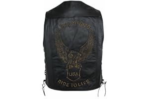 EURO STARS Lederweste Herren mit Druckknopf und Beige Adler-Prägung, Lederkutte, Motorrad Lederweste, Biker Lederweste, Clubweste, Chopper Kutte, Rockerweste, Kutte