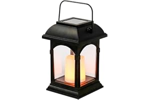 ‎FESTIVE LIGHTS Festive Lights 15cm Schwarze Solar Laterne mit Kerze Realistisch Flackernde Flamme LED Gartenbeleuchtung Patio IP44 Wasserdicht Bernstein LED Gartenlaterne Balkon Terrasse